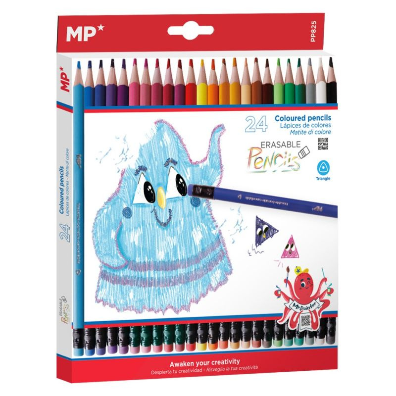 Pastelky trojhranné s gumou (24ks) vymazatelné