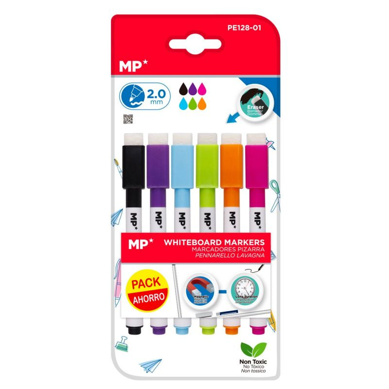 Sada fixy na bílou tabuli s magnetickým víčkem - zářivé barvy (6ks)