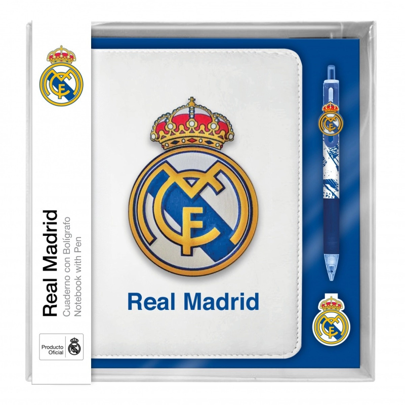 CurePink Prémiový set blok A5 s vícebarevnou propiskou FC Real Madrid Klubový znak A5 15 x 21 x 2 cm RM00021