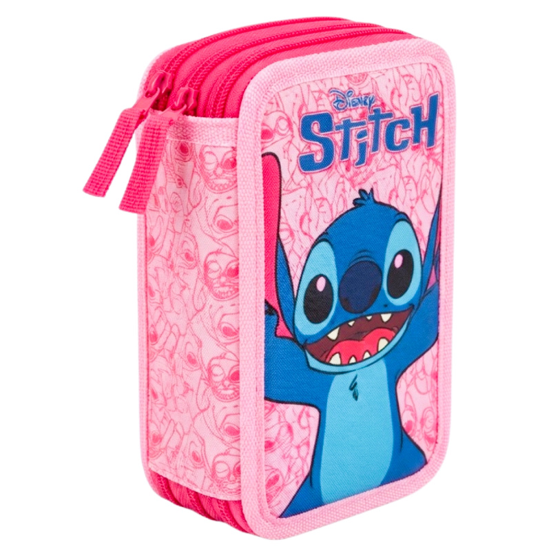 Třípatrový vybavený školní penál Lilo & Stitch Stitch a Angel, růžový