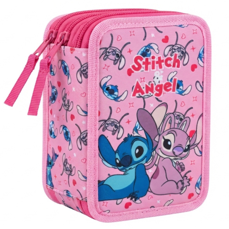Třípatrový vybavený školní penál Lilo & Stitch Stitch a Angel, růžový