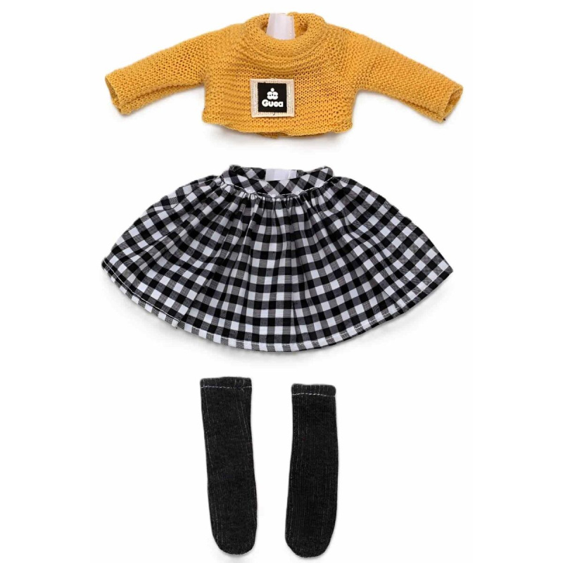 Obleček pro panenku Penelope 34 cm – pletený svetr, kostkovaná sukně a ponožky
