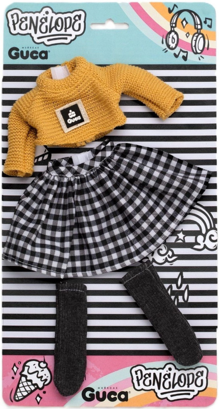 Obleček pro panenku Penelope 34 cm – pletený svetr, kostkovaná sukně a ponožky