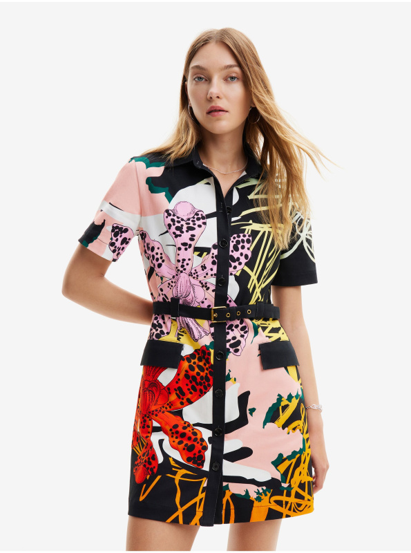 Růžovo-černé dámské vzorované košilové šaty Desigual x M. Christian Lacroix Almeria