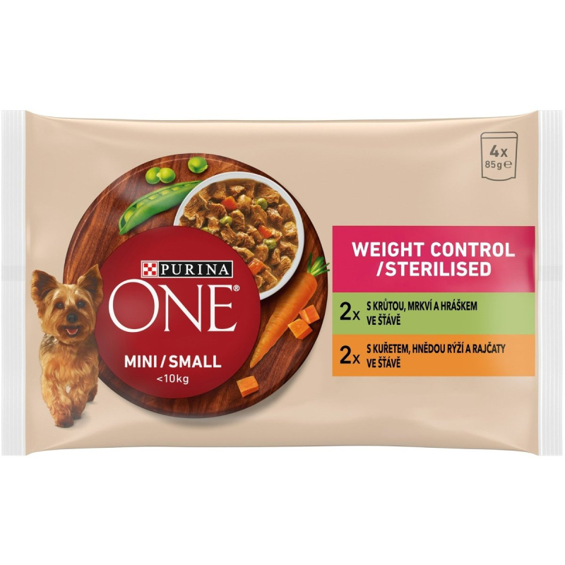 Purina ONE Mini Weight Control krůta a kuře ve šťávě pro psy 4×85 g