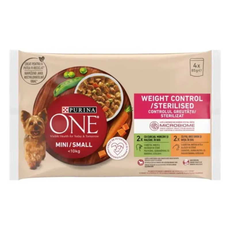 Purina One Dog Adult Mini/Small Weight Control/Sterilised Krůta a kuře ve šťávě 4 x 85g