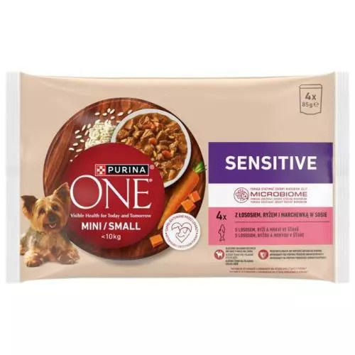 PURINA ONE Kapsičky pro psy MINI Sensitive losos ve šťávě, 4x 85 g