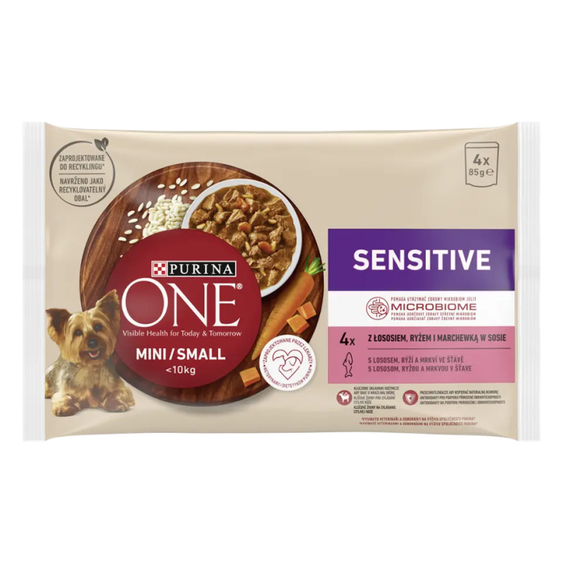 PURINA ONE Kapsičky pro psy MINI Sensitive losos ve šťávě, 4x 85 g
