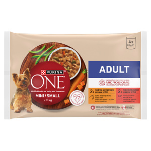 Purina ONE Mini Adult kuře a hovězí ve šťávě pro psy 4×85 g