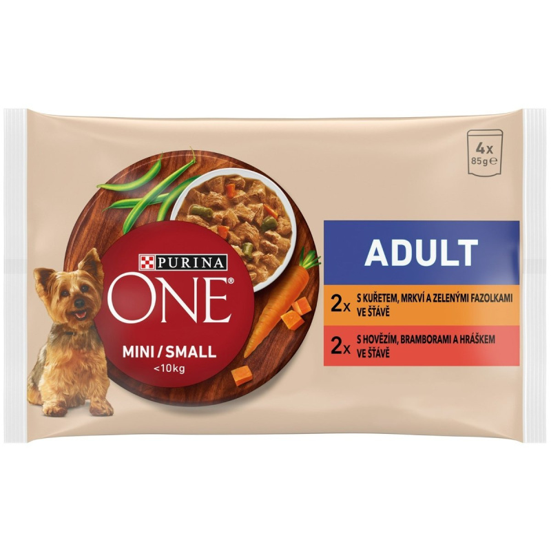 Purina ONE Mini Adult kuře a hovězí ve šťávě pro psy 4×85 g
