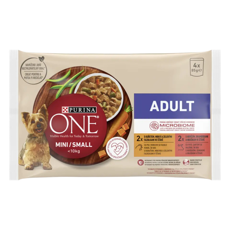 Purina ONE MINI Dog Active kuře a hovězí ve šťávě 4 x 85 g kapsa