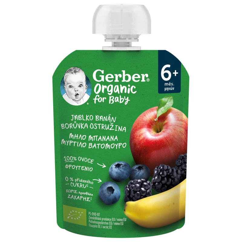 Gerber Organic BIO Kapsička jablko, banán, borůvka a ostružina