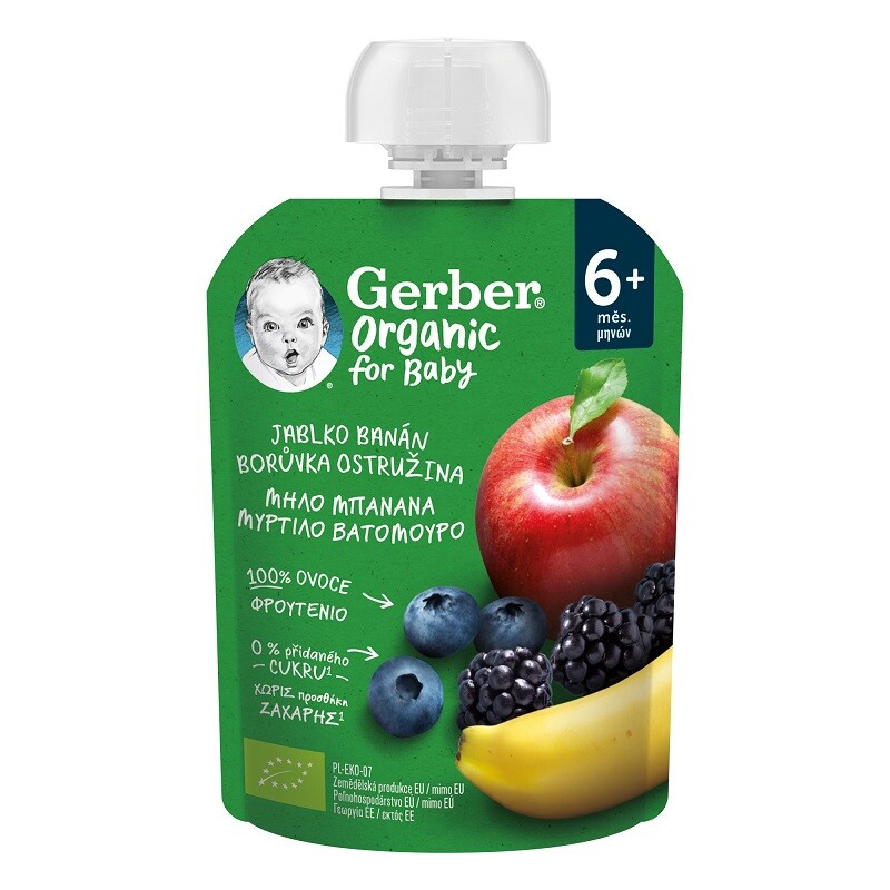 GERBER Kapsička jablko banán borůvka ostružina BIO 90g 6m+