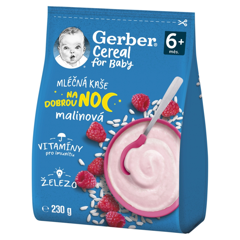 GERBER Cereal mléčná kaše malinová na dobrou noc 6m+ 230 g