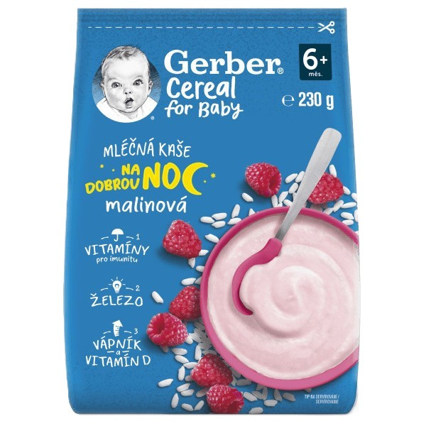 GERBER Cereal mléčná kaše malinová na dobrou noc 6m+ 230 g
