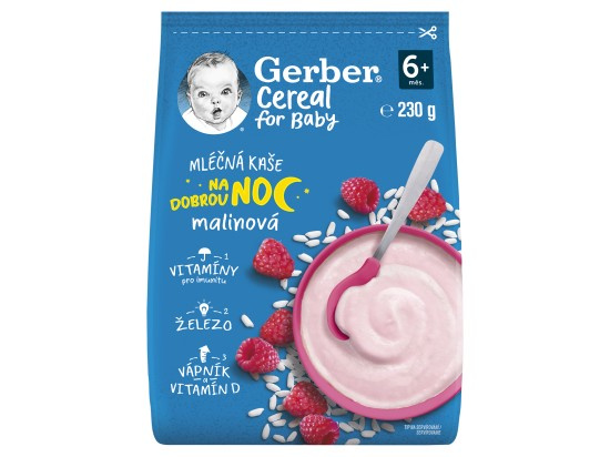 GERBER Cereal mléčná kaše malinová na dobrou noc 6m+ 230 g