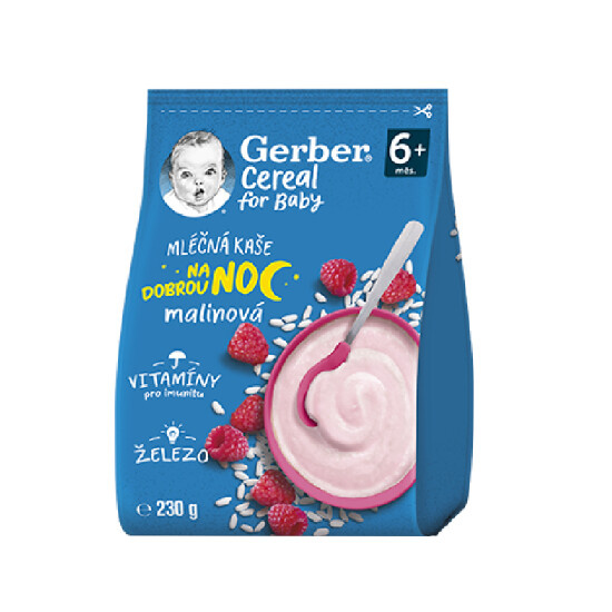 GERBER Cereal mléčná kaše malinová na dobrou noc 6m+ 230 g