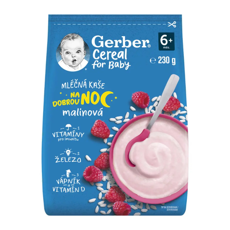 GERBER Cereal mléčná kaše malinová na dobrou noc 6m+ 230 g