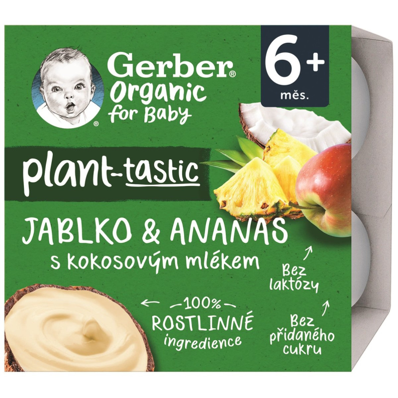Gerber organic BIO Rostlinný dezert jablko a ananas s kokosovým mlékem 4×90 g