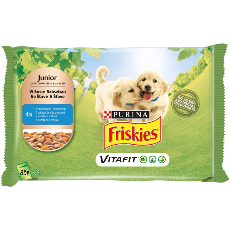 Purina Konzerva pro psy Friskies Junior s kuřetem a mrkví ve šťávě 4 x 85 g