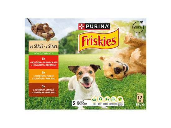 Purina Kapsičky pro psy Friskies Adult hovězí, kuřecí, jehněčí ve šťávě 12x85 g