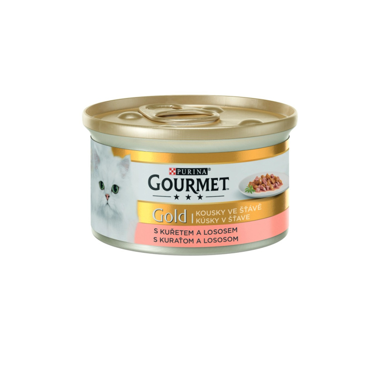 Gourmet Gold Kousky ve šťávě s lososem a kuřetem pro kočky