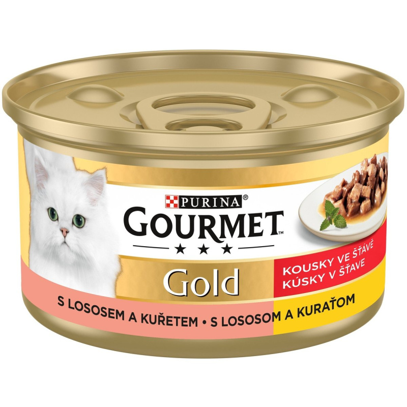 Gourmet Gold Kousky ve šťávě s lososem a kuřetem pro kočky