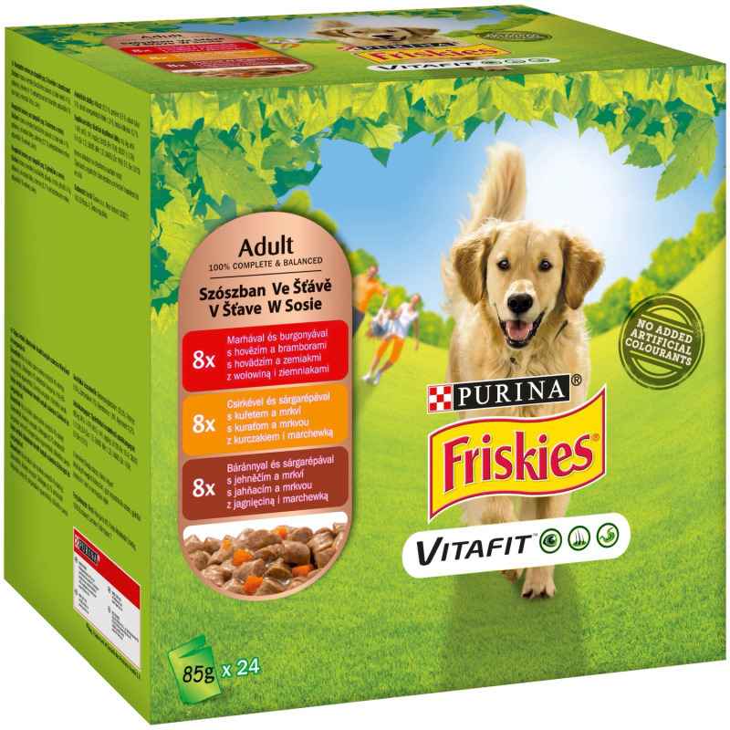 Purina Kapsičky pro psy Friskies Adult hovězí, kuře, jehněčí ve šťávě 24 x 85 g