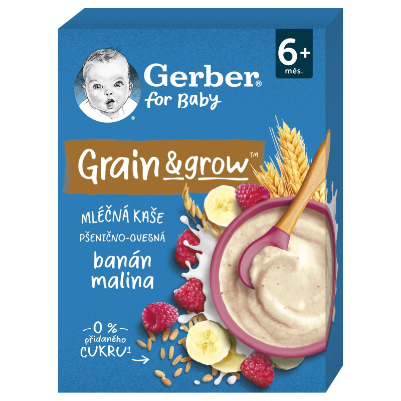 GERBER Mléčná kaše pšenično-ovesná malina banán 200 g 6m+