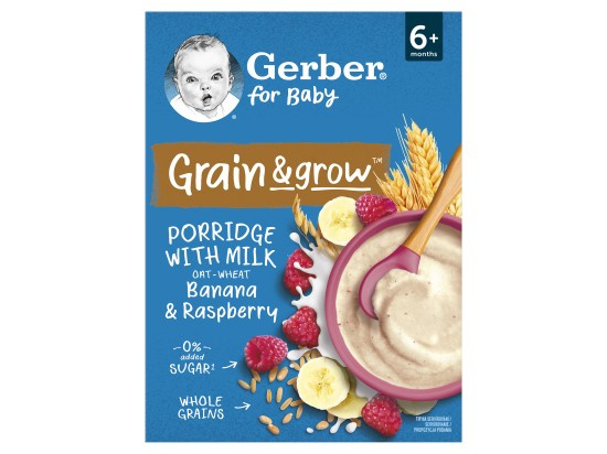 GERBER Mléčná kaše pšenično-ovesná malina banán 200 g 6m+
