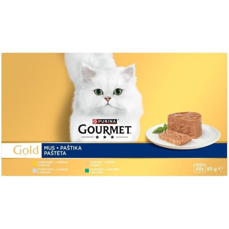 Gourmet Gold konzervy pro kočky kuře, tuňák, krůta, králík paštika 48×85 g