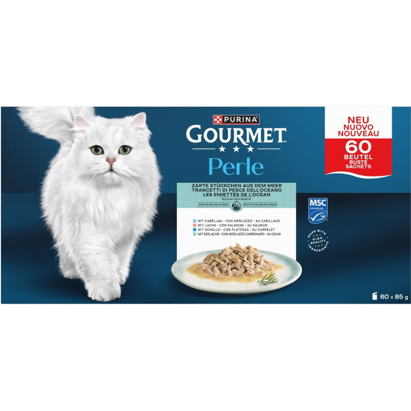 Gourmet Perle kapsičky pro kočky losos, treska, platýs, treska tmavá 60×85 g