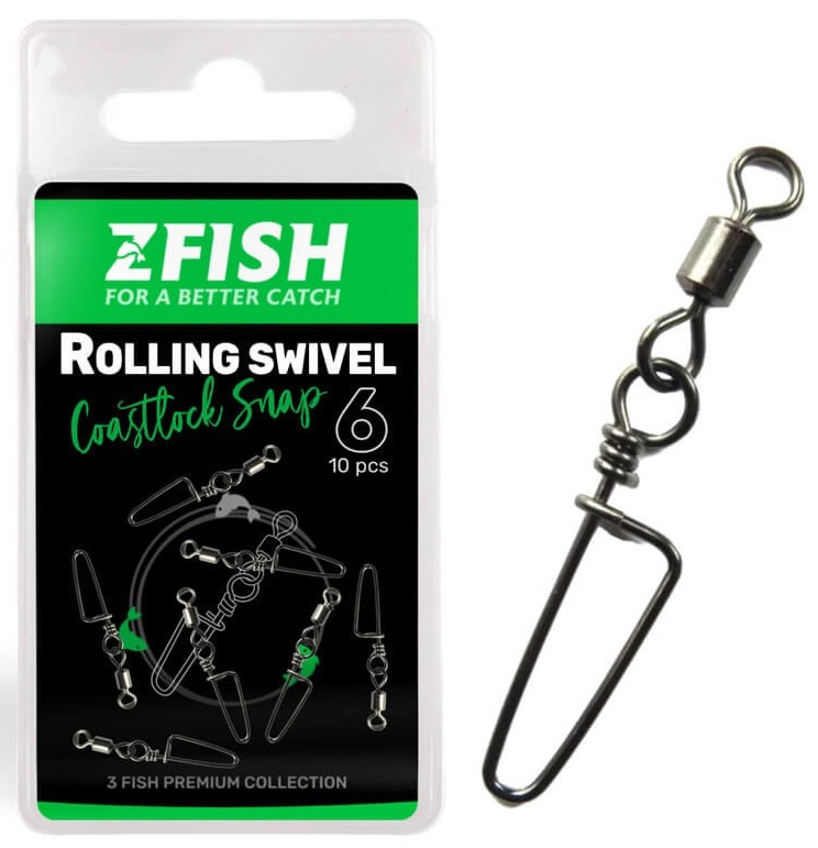 Zfish obratlík s karabinou rolling swivel & coastlock snap 10 ks - velikost 12 nosnost 18 kg