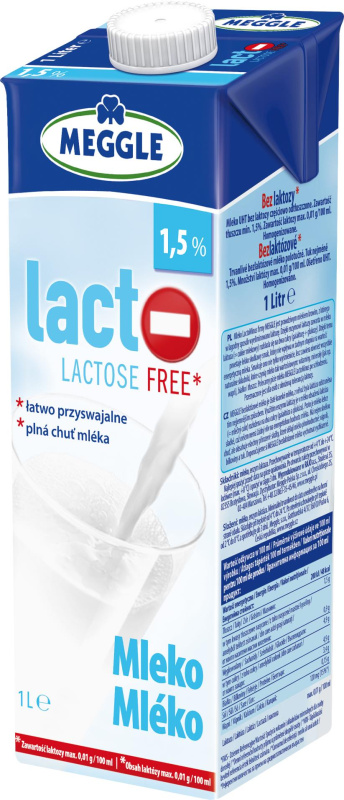 Trvanlivé mléko Meggle - bez laktózy, 1,5%, 1 l