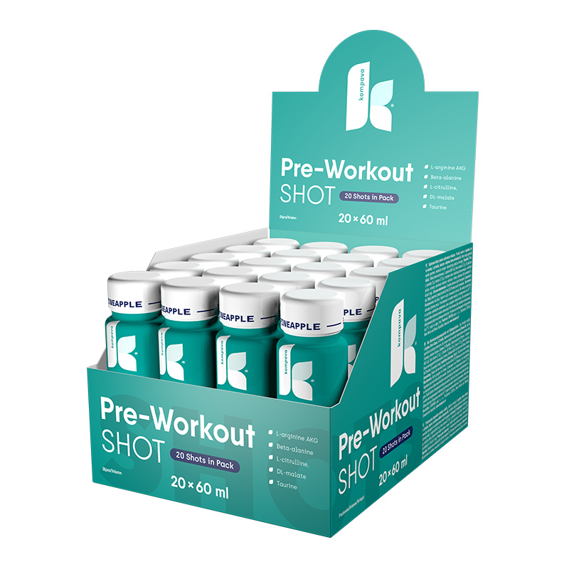 Kompava Pre-workout SHOT 60 ml/1 karton/20 ks, ananas