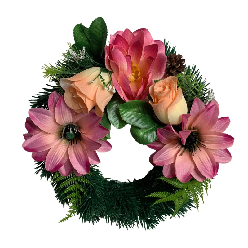 M.A.T. Podzimní dušičkový věnec z umělých květin červenobílý pr. 28 cm