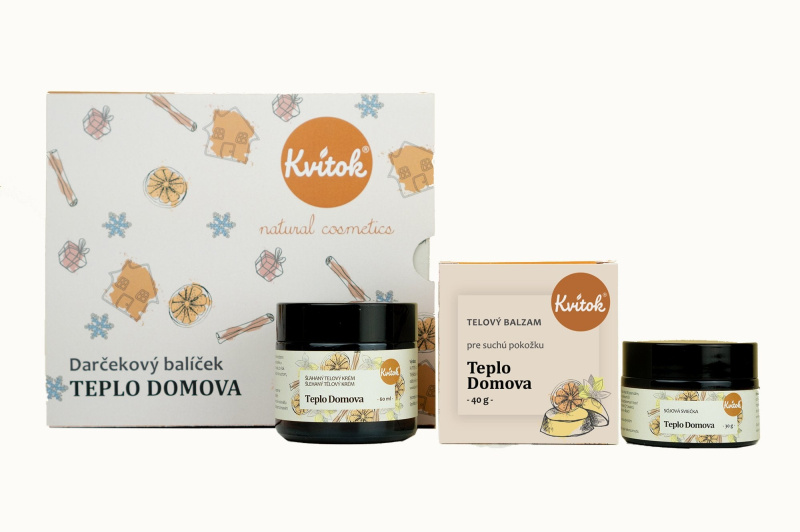 Kvitok Dárkový kosmetický balíček Teplo domova - tělový krém, tuhý balzám a sójová svíčka