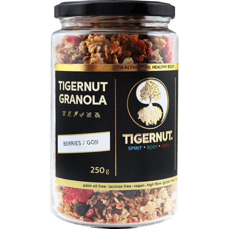 Tigernut Granola z tygřích ořechů se sušeným ovocem a goji