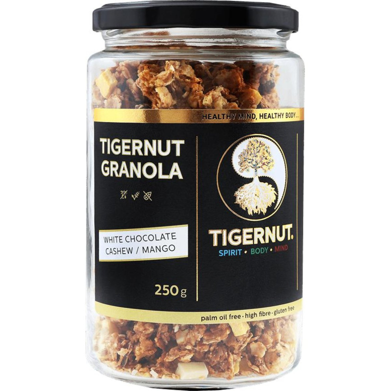 Tigernut Granola z tygřích ořechů s bílou čokoládou, kešu a mangem