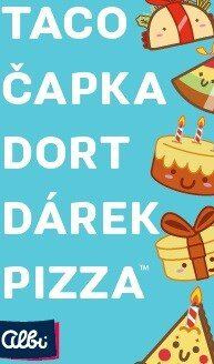 Taco, čapka, dort, dárek, pizza