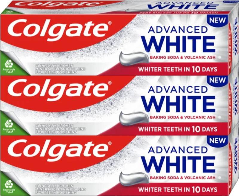 Colgate Advanced White Volcanic Ash and Baking Soda přírodní zubní pasta 3x75 ml