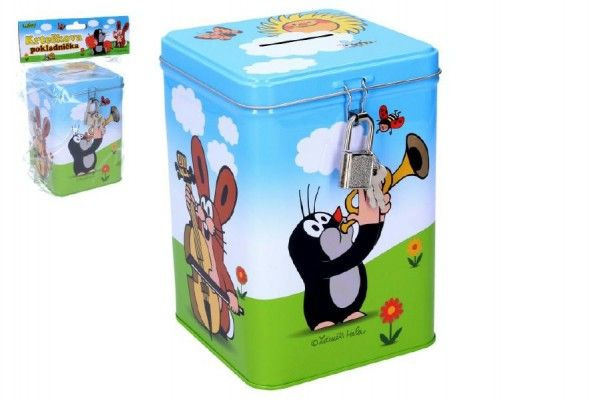 KRTEK Pokladnička Krteček 15cm set kasička se zámkem a klíčky kov