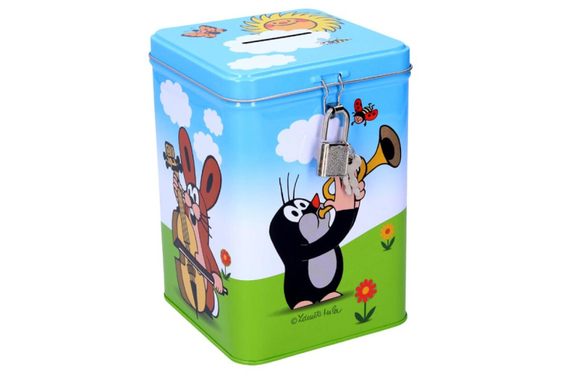 KRTEK Pokladnička Krteček 15cm set kasička se zámkem a klíčky kov