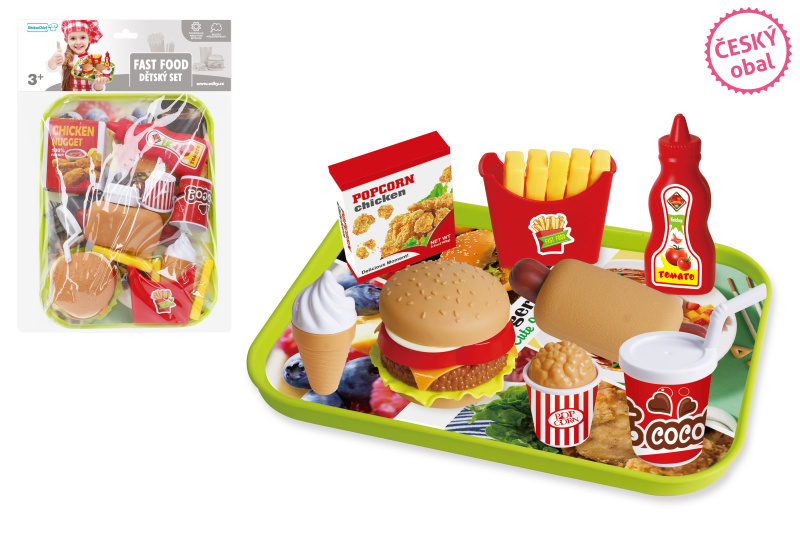 Wiky Fast Food s táckem hamburger hranolky párek v rohlíku zmrzlina nápoj kečup kuřecí nugety vidlička nůž