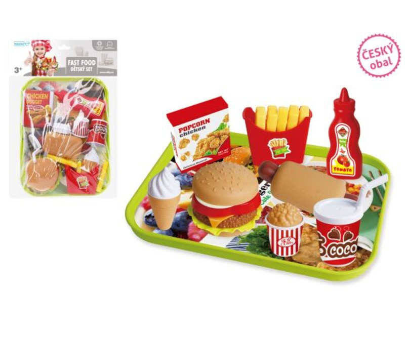 Wiky Fast Food s táckem hamburger hranolky párek v rohlíku zmrzlina nápoj kečup kuřecí nugety vidlička nůž