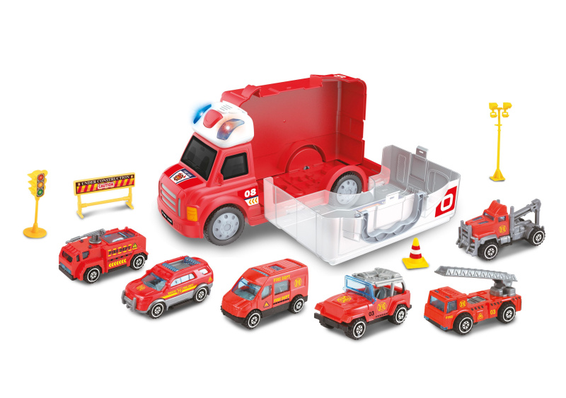 Wiky Vehicles Auto hasičské s efekty a 6 malými auty 34 cm