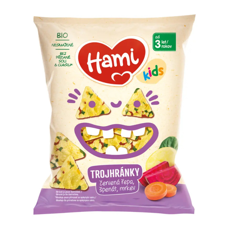 Hami BIO Trojhránky červená řepa, špenát, mrkev 3r+ 30 g
