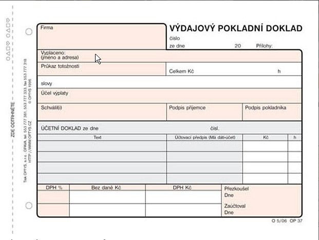 Optys - výdajový pokladní doklad