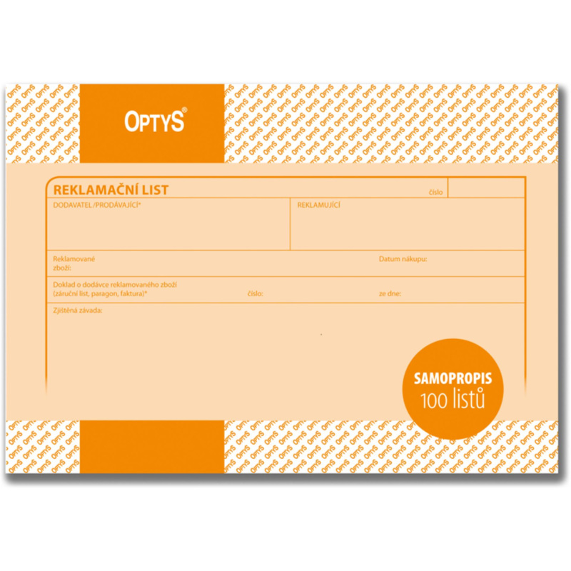 Optys  List reklamační A5 NCR