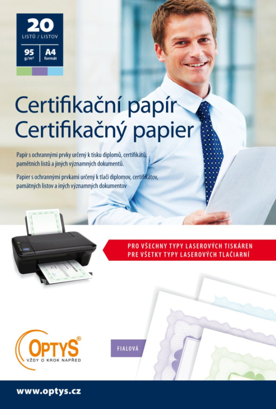 Certifikační papír A4, 20 listů, fialový OPTYS, spol. s r.o.